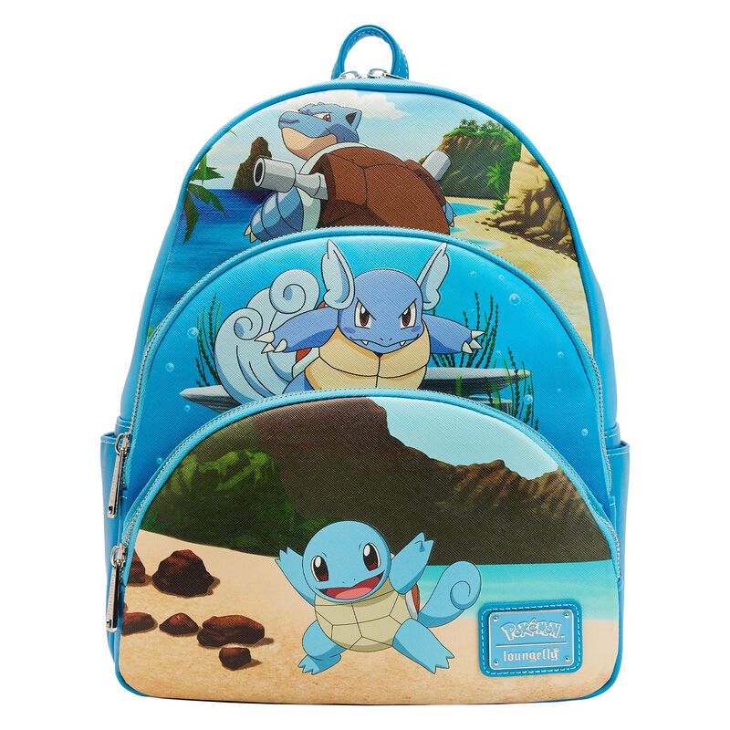 Blue triple pocket backpack featuring each of Squirtle's evolutions